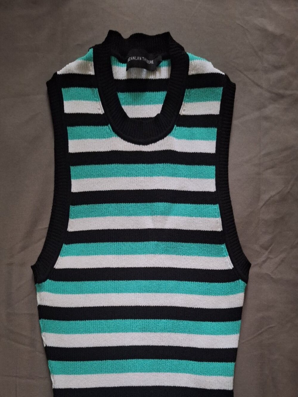 Scanlan Theodore Sleeleveless Knit Teal, White, Blacks Stripes Size small